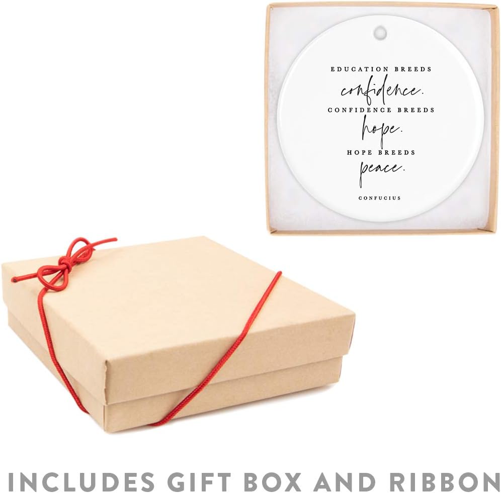 Andaz Press Round Ceramic Porcelain Christmas Tree Ornament for Teacher Thank You Appreciation Graduation Gift, Education Breeds Confidence.Confidence Breed Hope. Hope Breeds Peace. Confucius, 1-Pack