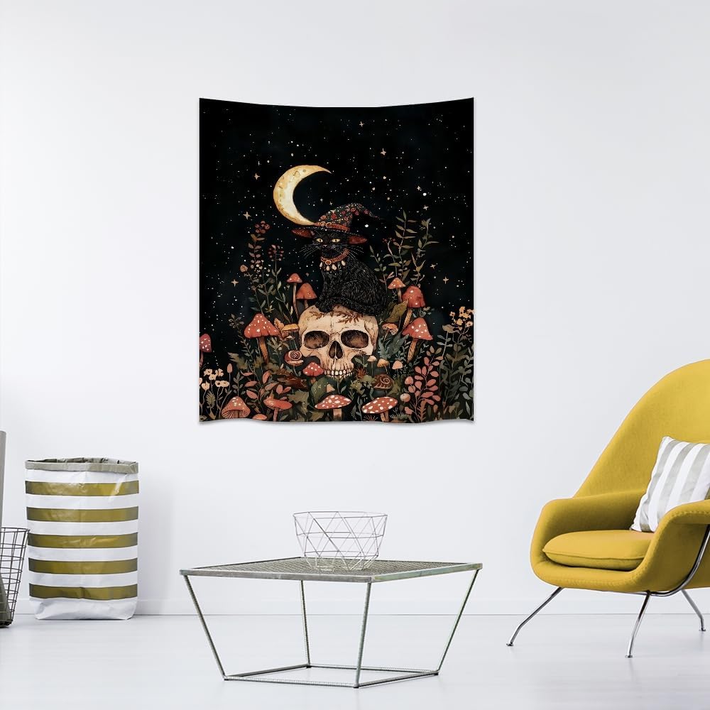 Halloween Witch Cat Tapestry Gothic Skull and Mushroom Artwork Print Spooky Halloween Witchy Wall Hanging Decor Black Cat Crescent Moon art Tapestries for Living Room Bedroom Decoration 30x40inch