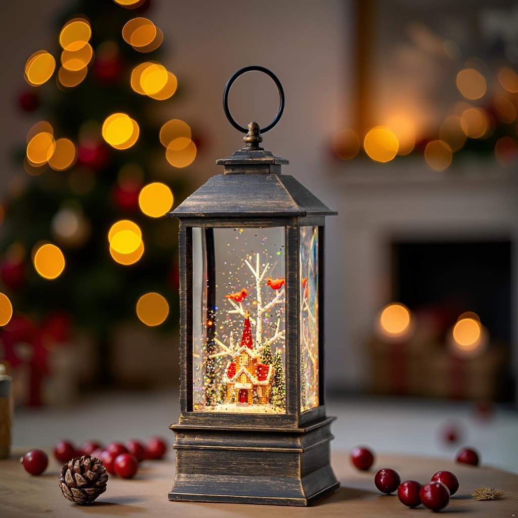 Christmas Snow Globe Lantern Water Glittering Cardinal & Church with Music & Timer, USB Lined/Battery Operated Lighted Lantern for Christmas Festival Decoration Gifts