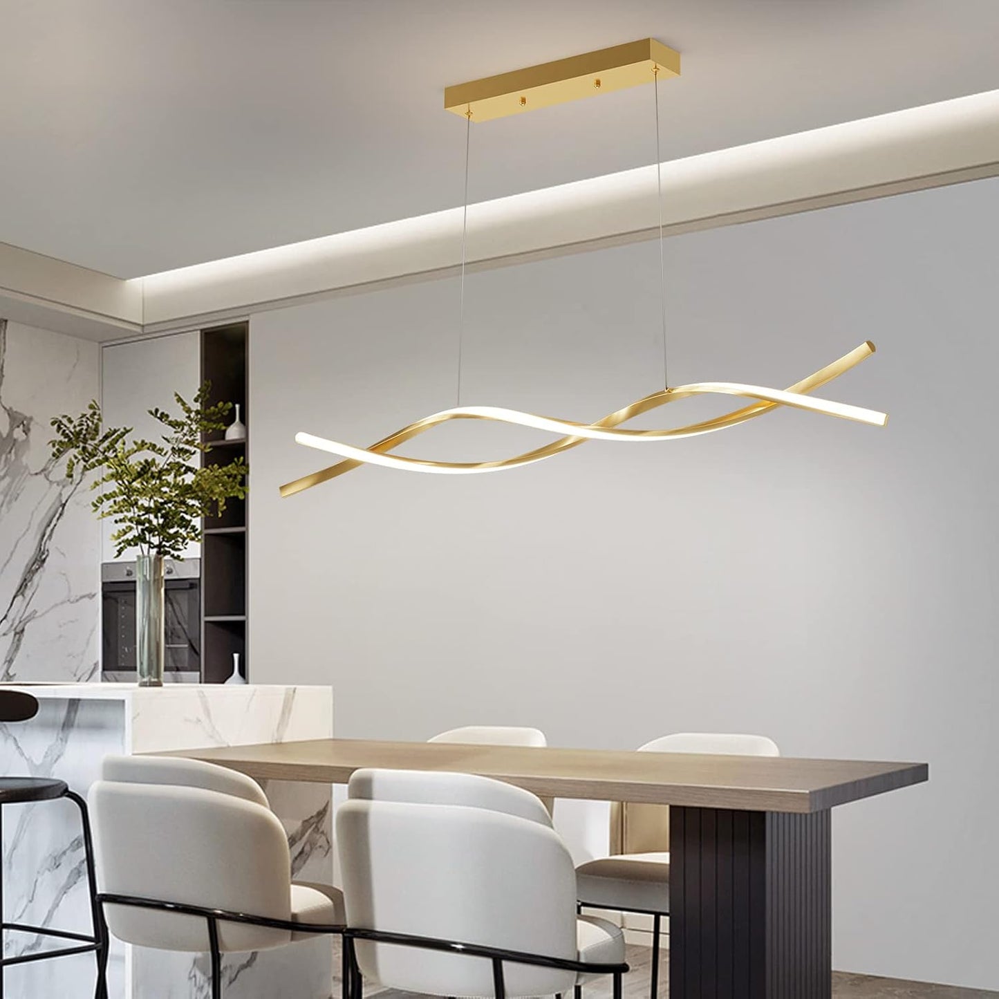 Modern Ceiling Pendant Light, with Remote Control Dimmable 3 Color Mode & Brightness Ceiling Lamp, Anti-Flicker Dining Light Fixture for Kitchen, Dining Room (Gold)