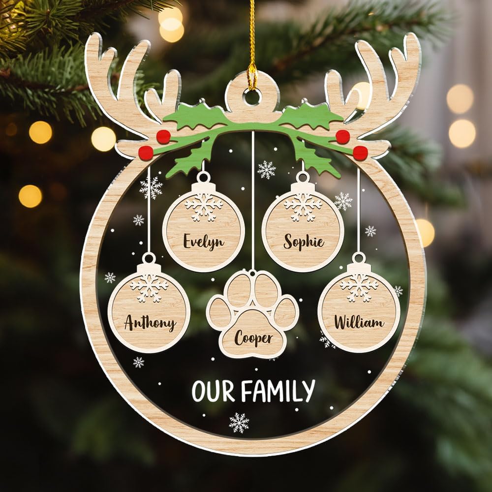 Personalized Family Christmas Acrylic Ornament 2024 - Custom Name Charms Family Members up to 10 People and Pets, Paw Charm Ornament Gifts for Family Tree Decoration (A01, 7 Names)