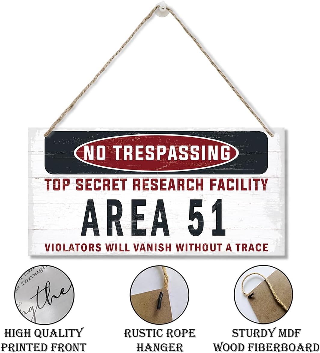Warning Sign, Area 51 No Trespassing Warning Wood Plaque Sign, Funny Door Signs, Decorative Wood Hanging Suspension Plaque, Farmhouse Wooden Wall Decor