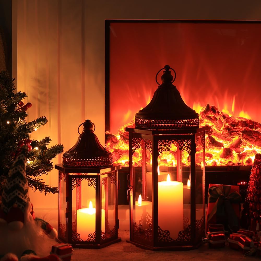 NEEDOMO Christmas Decorations Set of 2, 22''/15'' Christmas Lantern with Glass Panels for Home Decor, Decorative Hanging Lantern Indoor Outdoor for Xmas Table Centerpieces, Porch, Patio(Red)