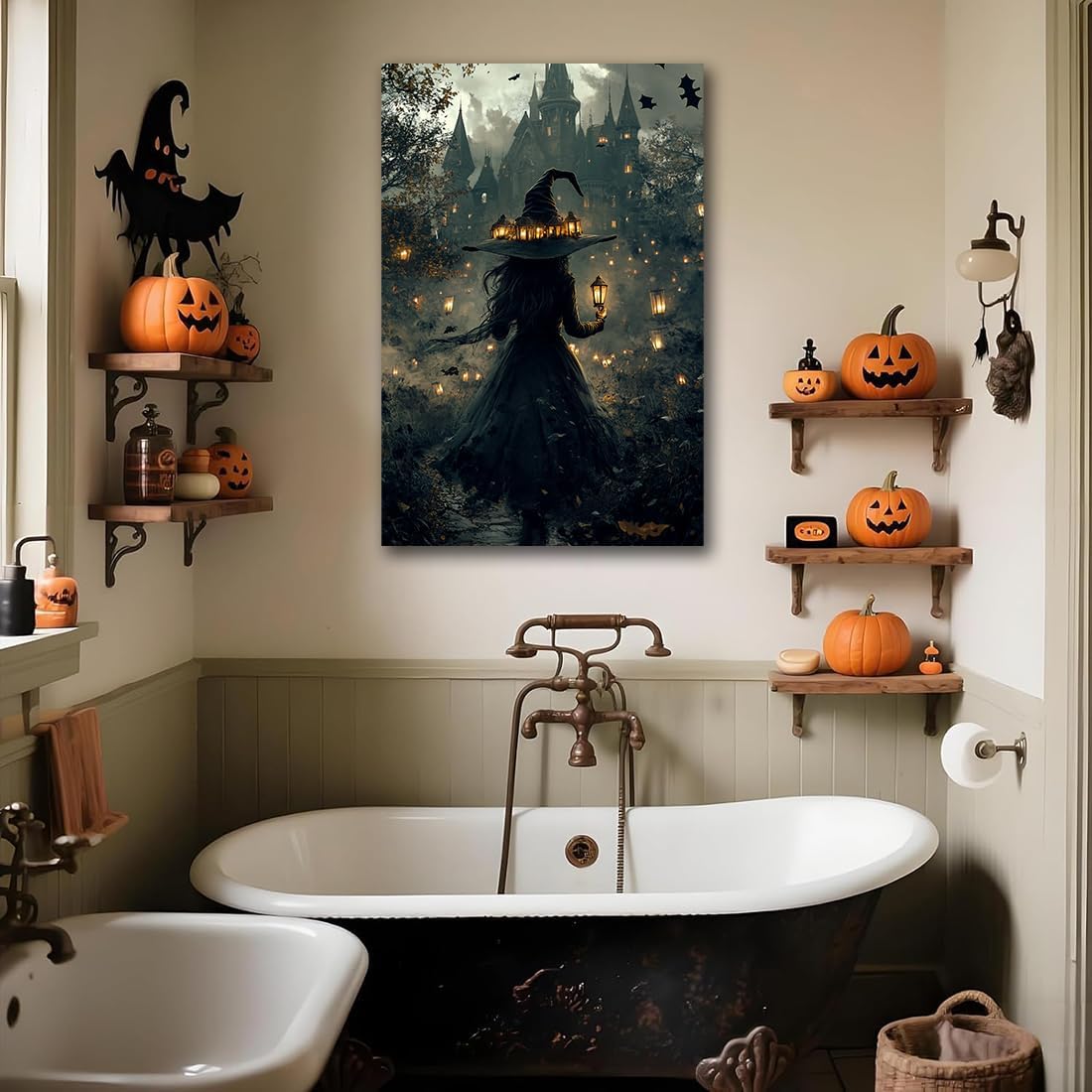 Halloween Witch and Haunted House Canvas Wall Art,Dark Academia Scary Witch Castle Posters Prints,Thriller Horror Gothic Wall Decor Pictures for Halloween Party House Decoration,12"x18" Framed