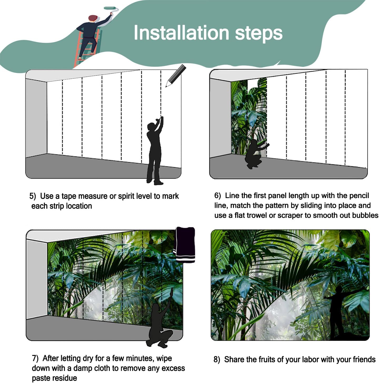 -Rainforest Leaves Fabric Wallpaper Green Trees Mural Bedroom 100" x 65" (Not Peel and Stick)