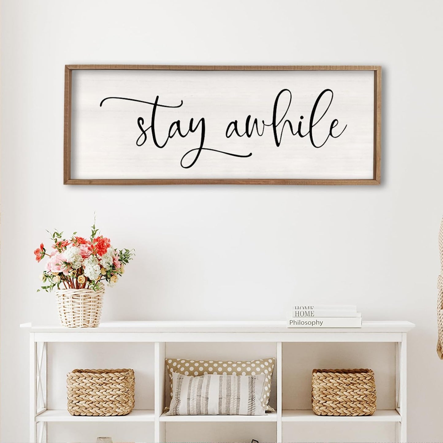 Stay Awhile Sign Wall Decor Sign 40"X15" Large Living Room Entryway Wood Framed Rustic Wall Decor for Vintage Farmhouse Foyer Hanging Lets Stay Home Wall Art (Wood)