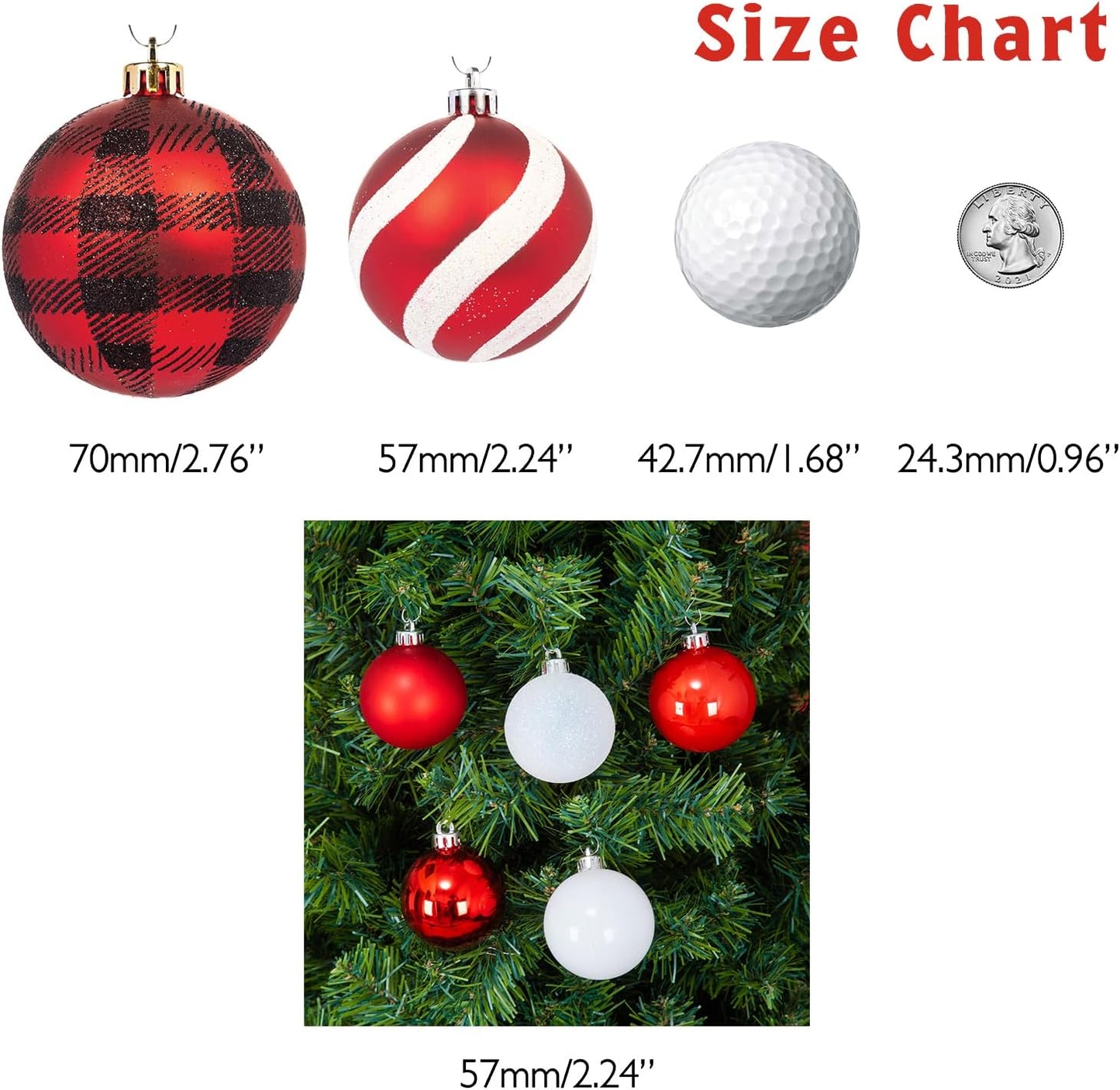 Every Day is Christmas Ornaments, Shatterproof Christmas Tree Ornament Set, Christmas Balls Decoration 50 Count (2.24"/57mm, Red White)