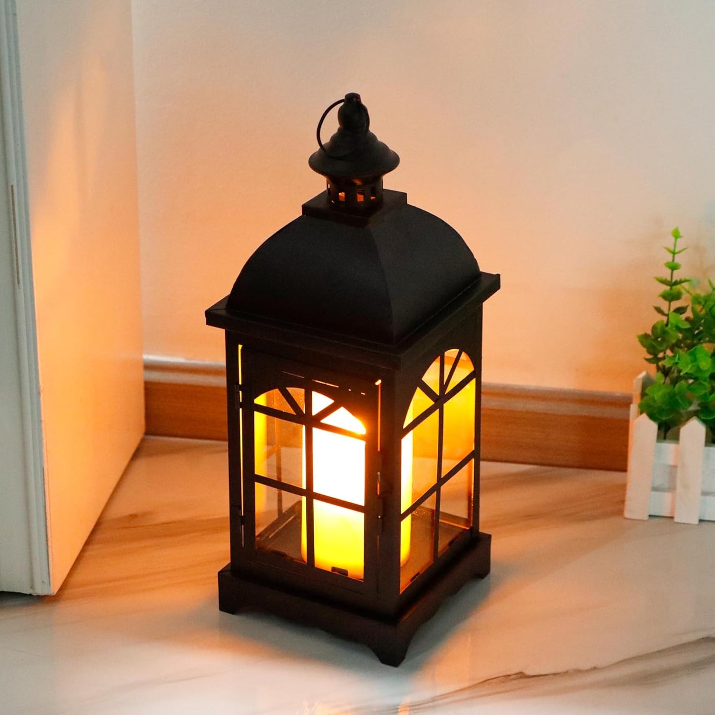 TRIROCKS Decorative Vintage Candle Lanterns 14.5" H Farmhouse Outdoor Hanging Lanterns with Tempered Glass for Porch, Balcony, Patio, Home, Centerpieces, Indoor, Outdoor(Black)