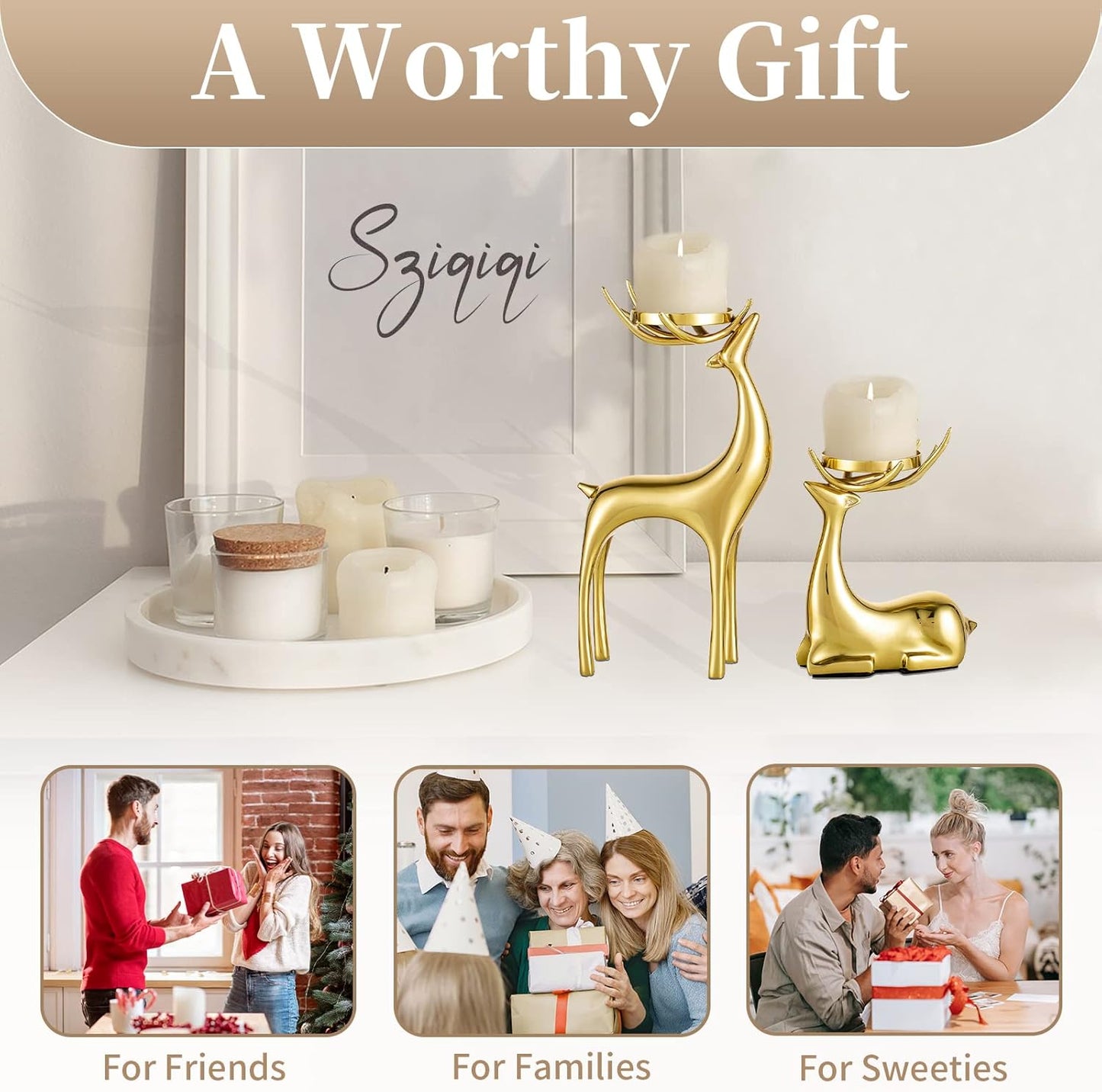 Sziqiqi Gold Reindeer Candle Holder for Pillar Candles Brass Reindeer Tealight Candle Holders Copper Deer Gift Christmas Decor for Table Centerpiece Living Room Mantle Decoration