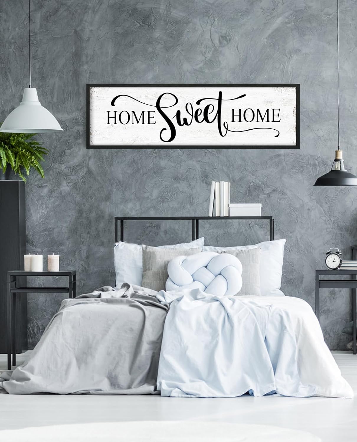 Home Sweet Home Wall Decor: Modern Farmhouse Rustic Sign 12" x 40", Master Bedroom Above Bed Framed Hanging Plaque, Family Decorative for Living Room