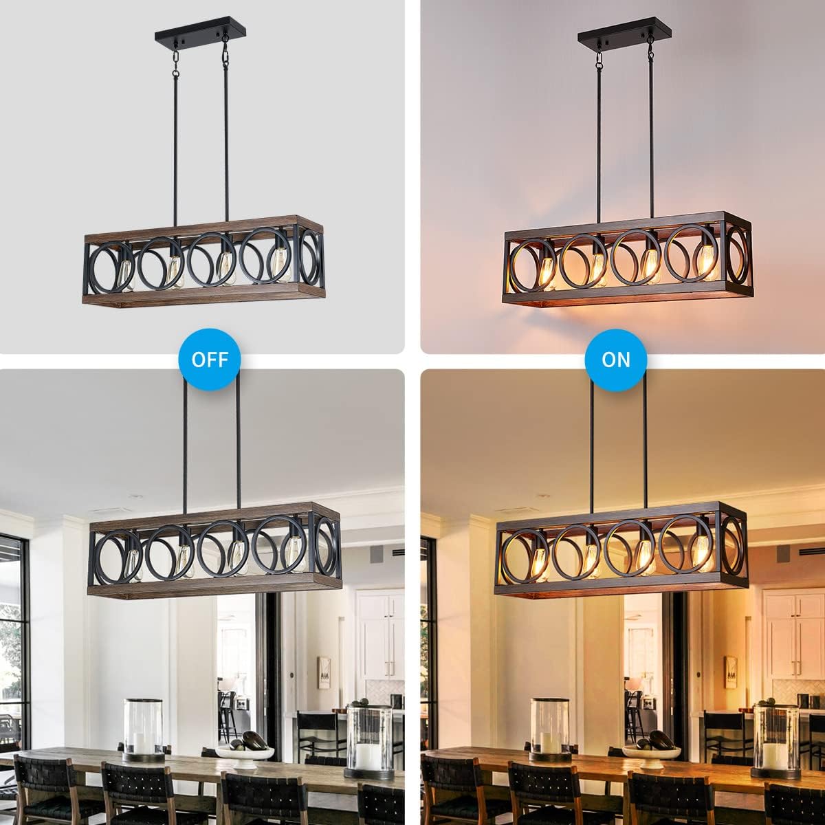XINGQI Black Kitchen Island Light Fixtures, Farmhouse Dining Room Chandelier Rectangular Linear Chandeliers Pendant Ceiling Light Fixture for Bar Office Coffee Shop 4-Light Wood Grain