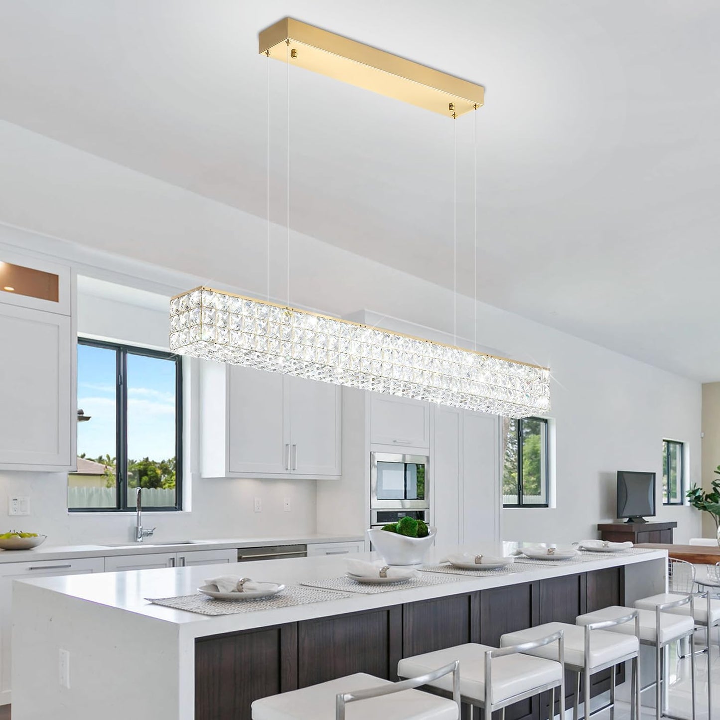 Rectangle Crystal Chandelier Modern Gold Crystal Chandelier Rectangular Pendant Lighting Fixture for Dining Room Kitchen Island Bedroom (L 40")