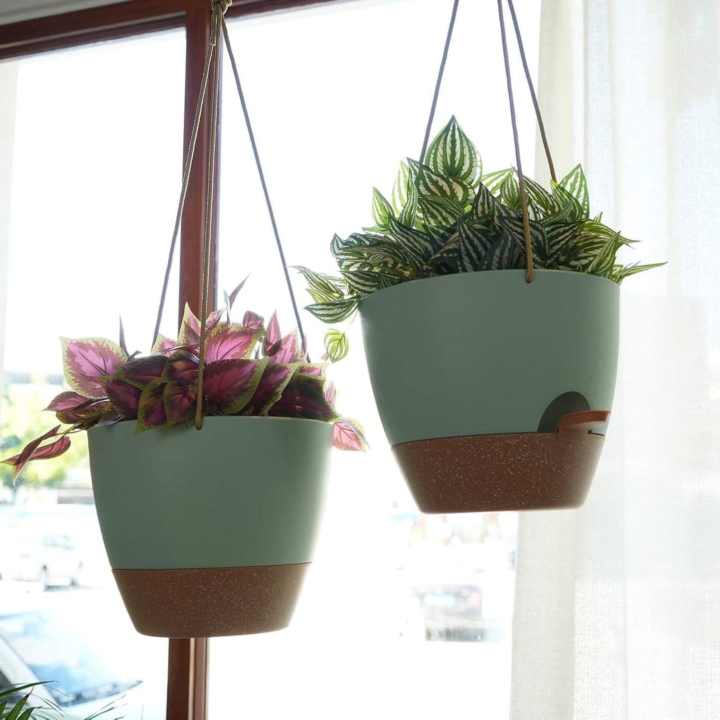 10 Inch Self Watering Hanging Pots, 2 Pack Hanging Planters with 40oZ Deep Reservior for Indoor Outdoor Plants Flowers, Green with Brown