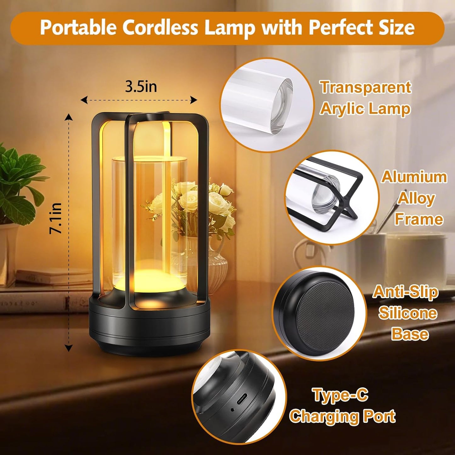 Portable Table Lamp for Outdoor Indoor: Cordless Rechargeable Desk Lamp with 3 Color Stepless Dimmable - Metal Battery Operated Small Lantern Light for Restaurant/Bedroom/Bar/Coffee Shop/Camping