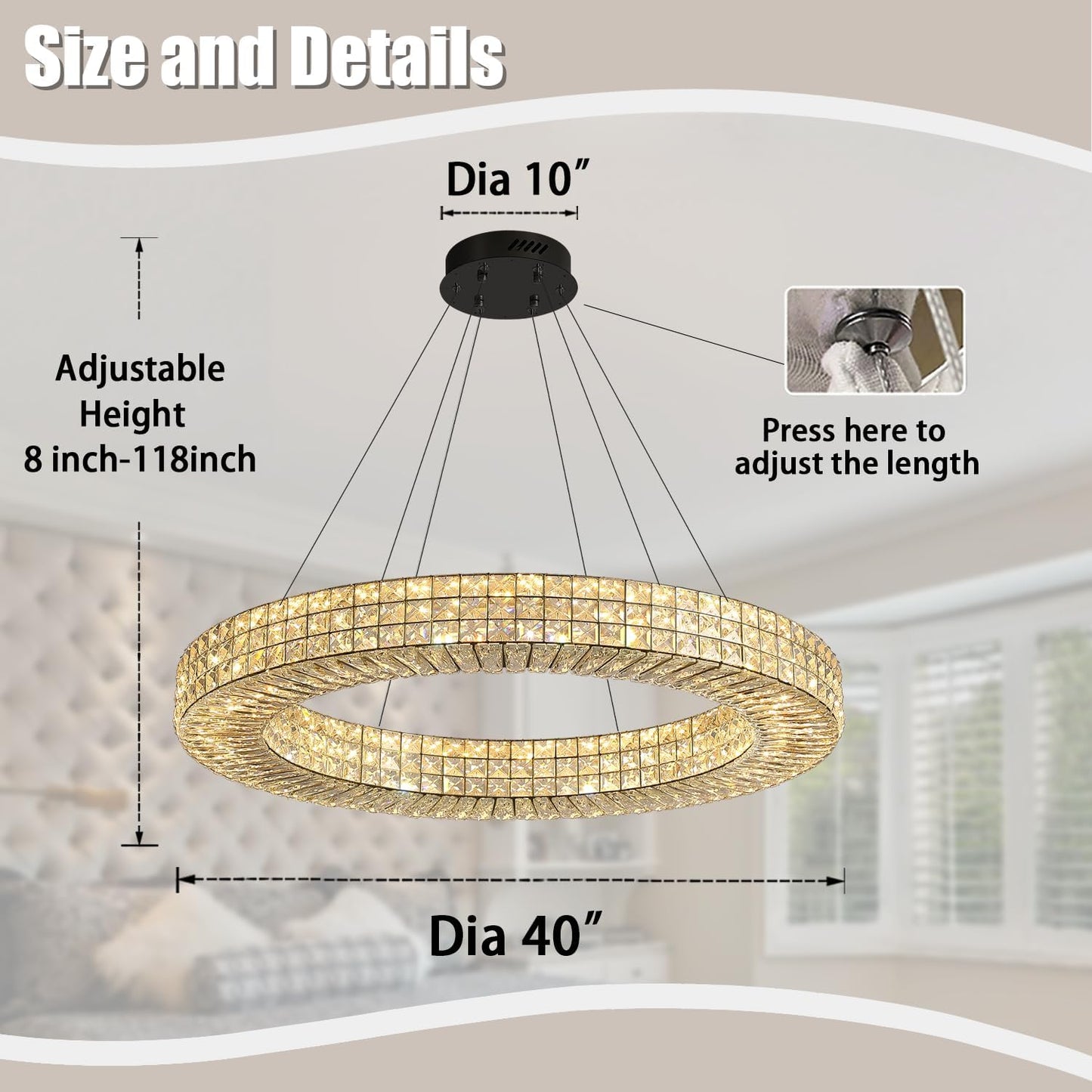 Dia 40" Modern Chandelier Ring Crystal Chandelier Adjustable Height Luxury Crystal Pendant Ceiling Light Fixture for Dining Living Room Bedroom