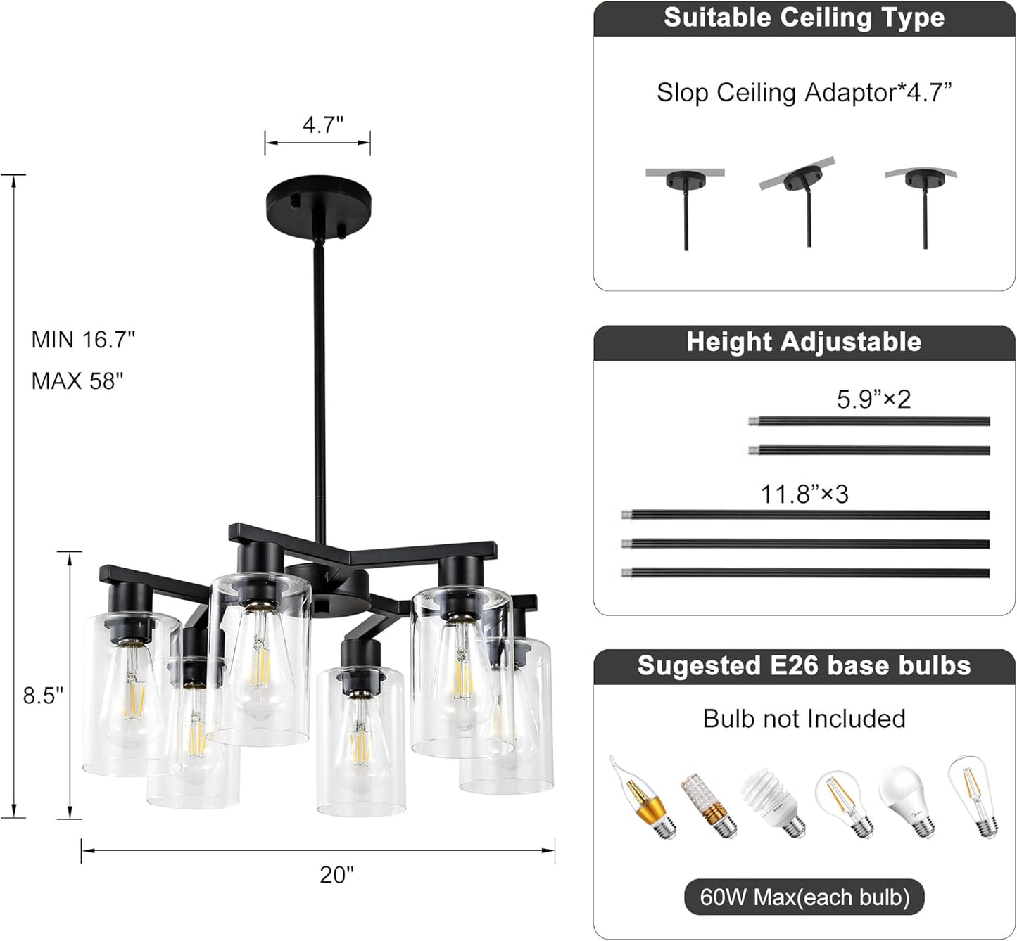 6-Light Black Modern Farmhouse Chandelier for Dining Room Ceiling Light Fixture with Clear Glass Shades, Adjustable Hanging Industrial Pendant Lighting for Living Room Kitchen Island Bedroom Entryway