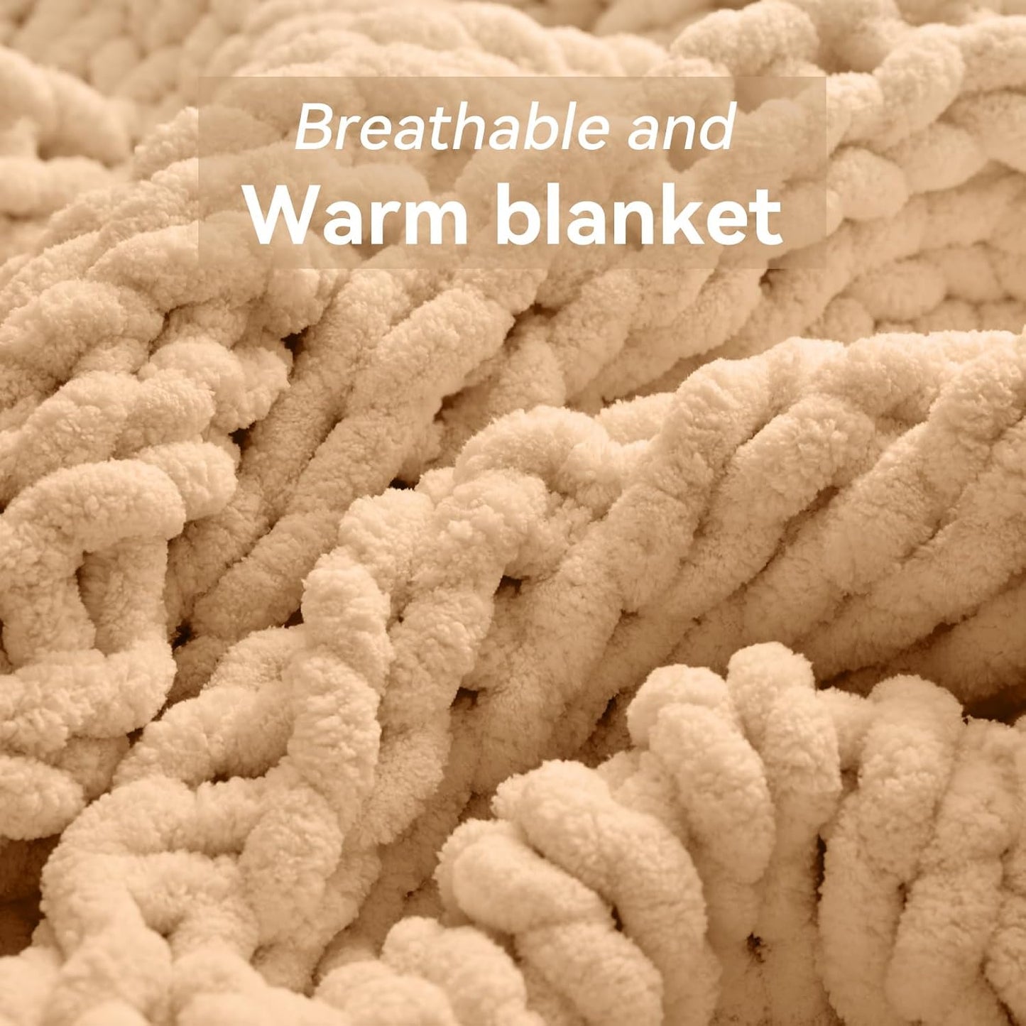 Chunky Knit Throw Blanket, 60''*80'' Knitted Throw Chenille Yarn for Bed Couch, Handmade Beige Crochet Big Thick Blanket, Machine Washable Cute Comfy Blanket for Home Decor