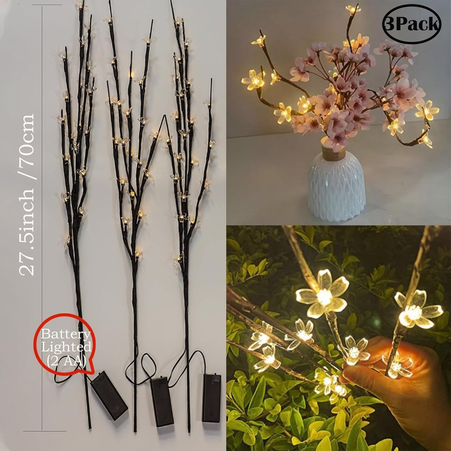 3 Pack Battery Lighted Branch Flowers Lights with 12 Colored 3D Butterfly Indoor Bedroom Decorations, Warm White 60 LED Artificial Cherry Blossom Twig Vase Filler Willow Tree Home Decor