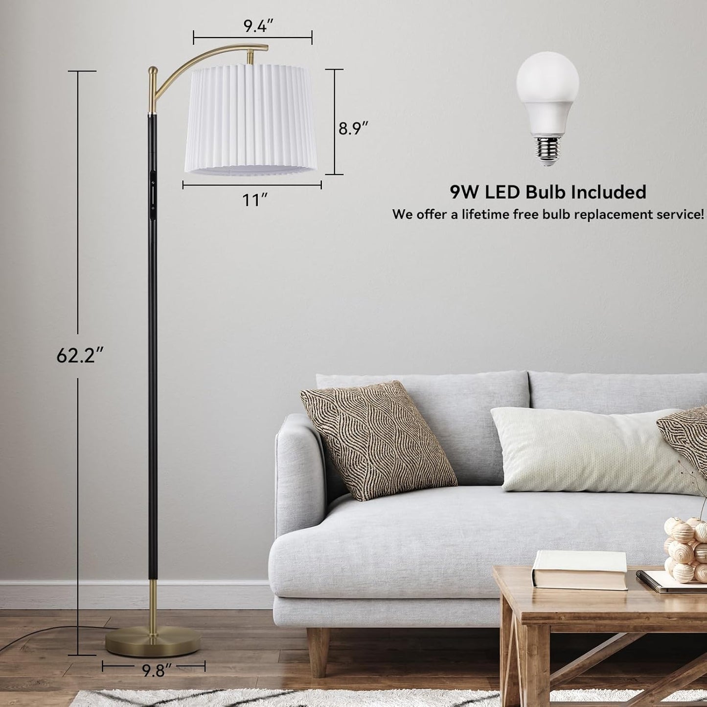 Floor Lamp, LED Floor Lamp with APP & Remote & Touch Control, Stepless Color Temperatures and Brightness, Tall Standing Lamp with Pleated Lampshade for Living Room, Bedroom, Office(Black Gold)