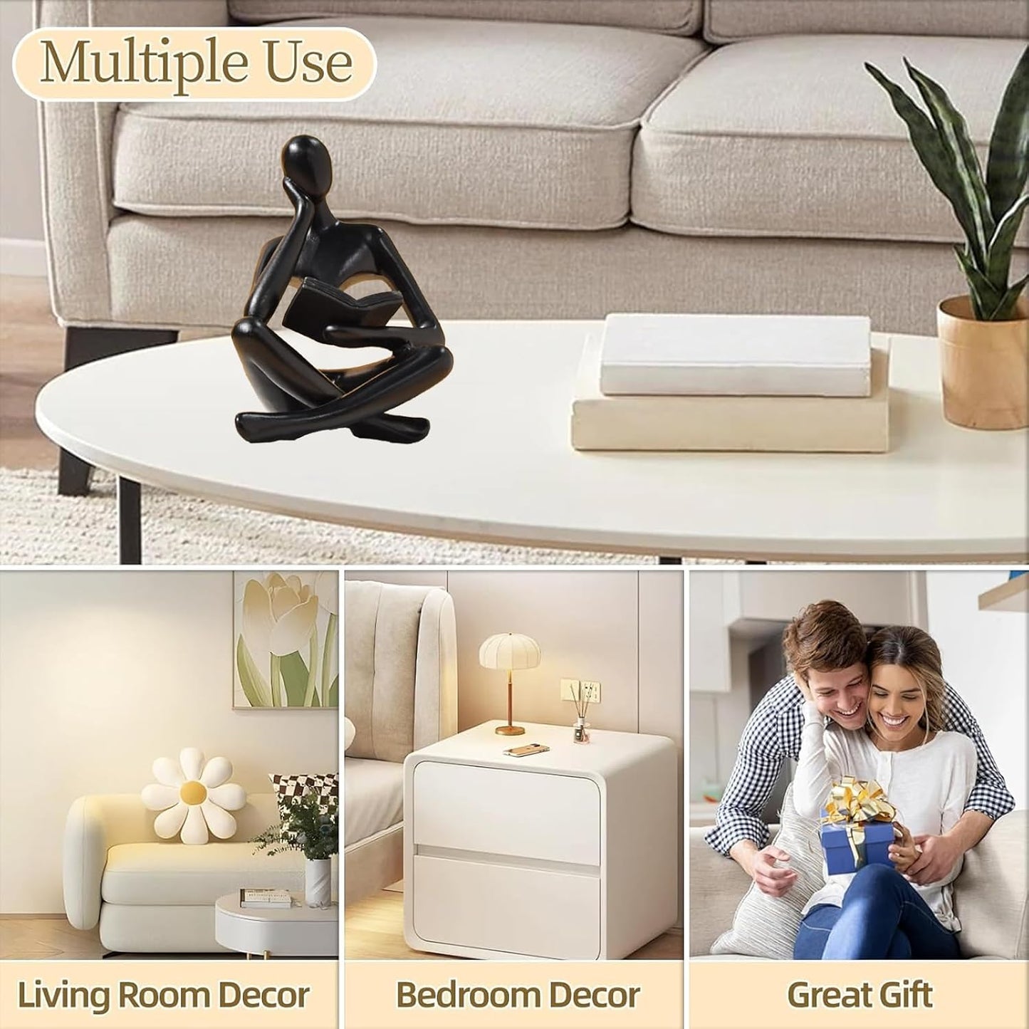 Bookshelf Decor Thinker Statue - Abstract Style Thinker Sculptures Modern Aesthetic Figurine Decoration Statues for Home Decor-Zuo Si-Black