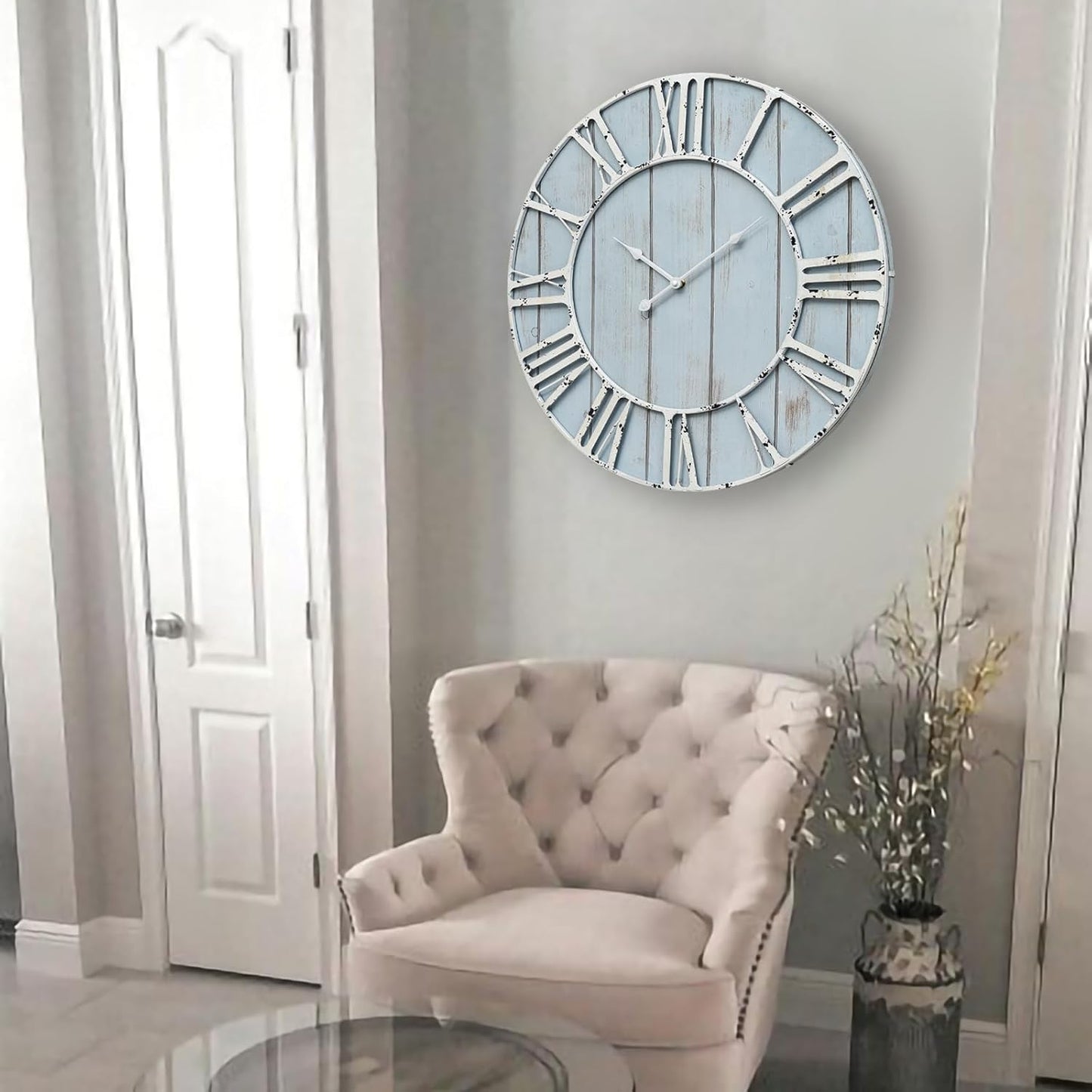 Large Farmhouse Wall Clock 24 Inch Vintage Blue Wooden Wall Clock with Quiet Ticking and Minimalist Roman Numerals for Bedroom Living Room Office Kitchen Home Decor, Battery Operated