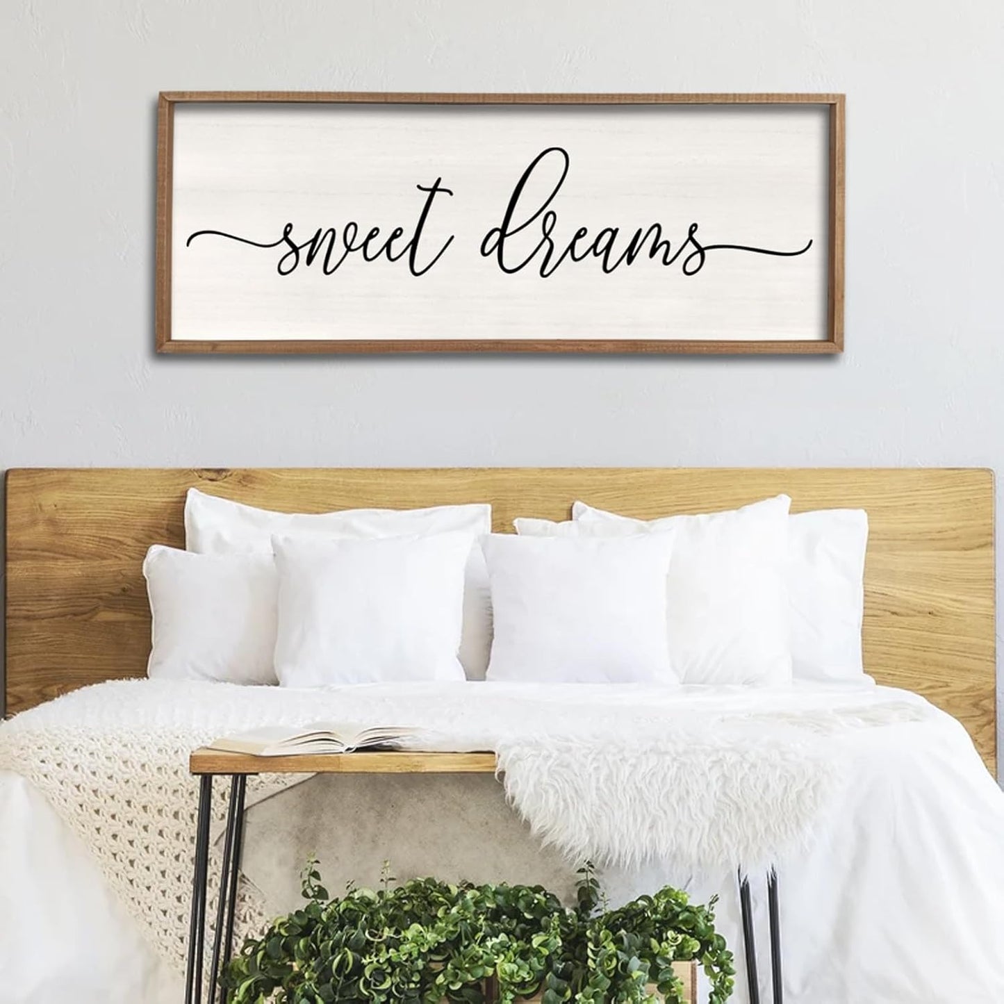 Sweet Dreams Wall Decor Above Bed 40''×15'' Master Bedroom Large Sweet Dreams Sign Farmhouse Wall Decor Guest Room Wood Rustic Framed Over Bed Wall Art Hanging Decoration (Wood White)
