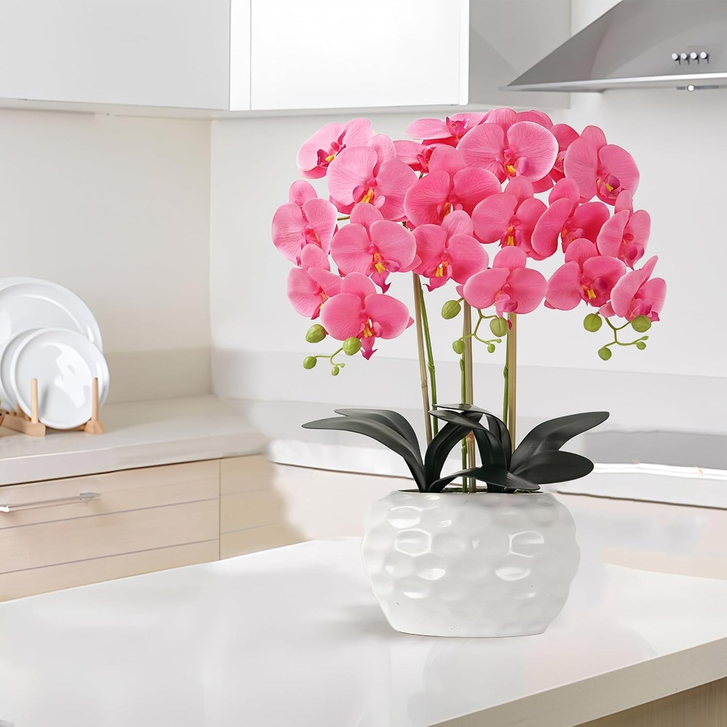 Orchid Artificial Flowers with White Vase Large Silk Faux Phalaenopsis Flowers for Dining Room Table Floral Centerpieces Indoor Decoration,Fuchsia