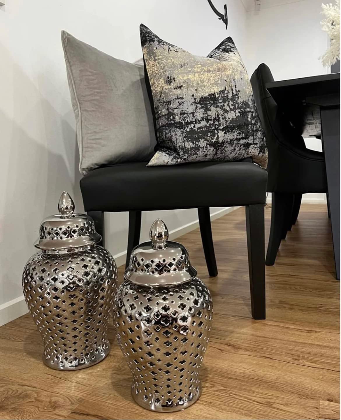 THE-TINOART Charcoal Gray & Black Pillow Cover 20x20 - Gold Embroidered Luxury Jacquard, Modern Reversible Throw Pillow Cover for Sofa/Bed, Velvet Backing