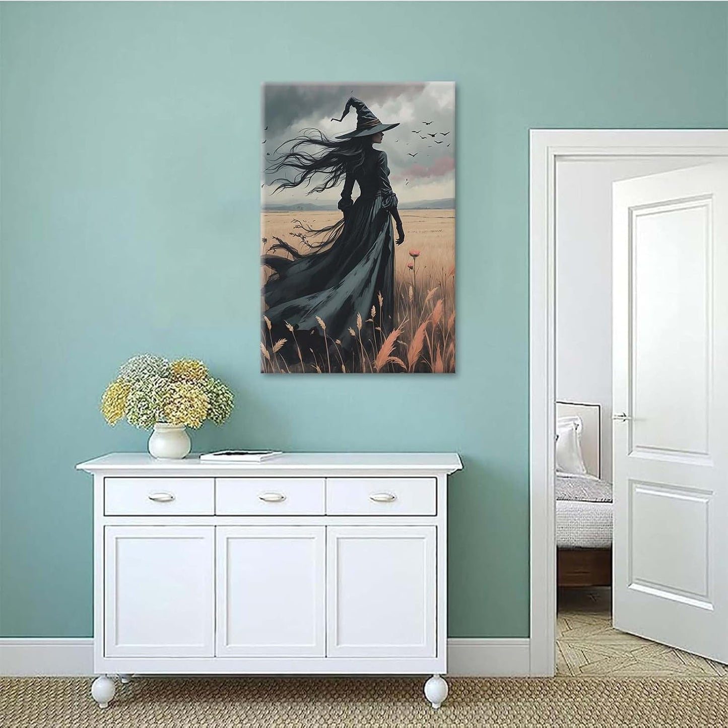 Gothic Decor Canvas Wall Art Witch in Rice Field Halloween Art Decor Print Nature Print Victorian Home Bedroom24x36in Wood Framed