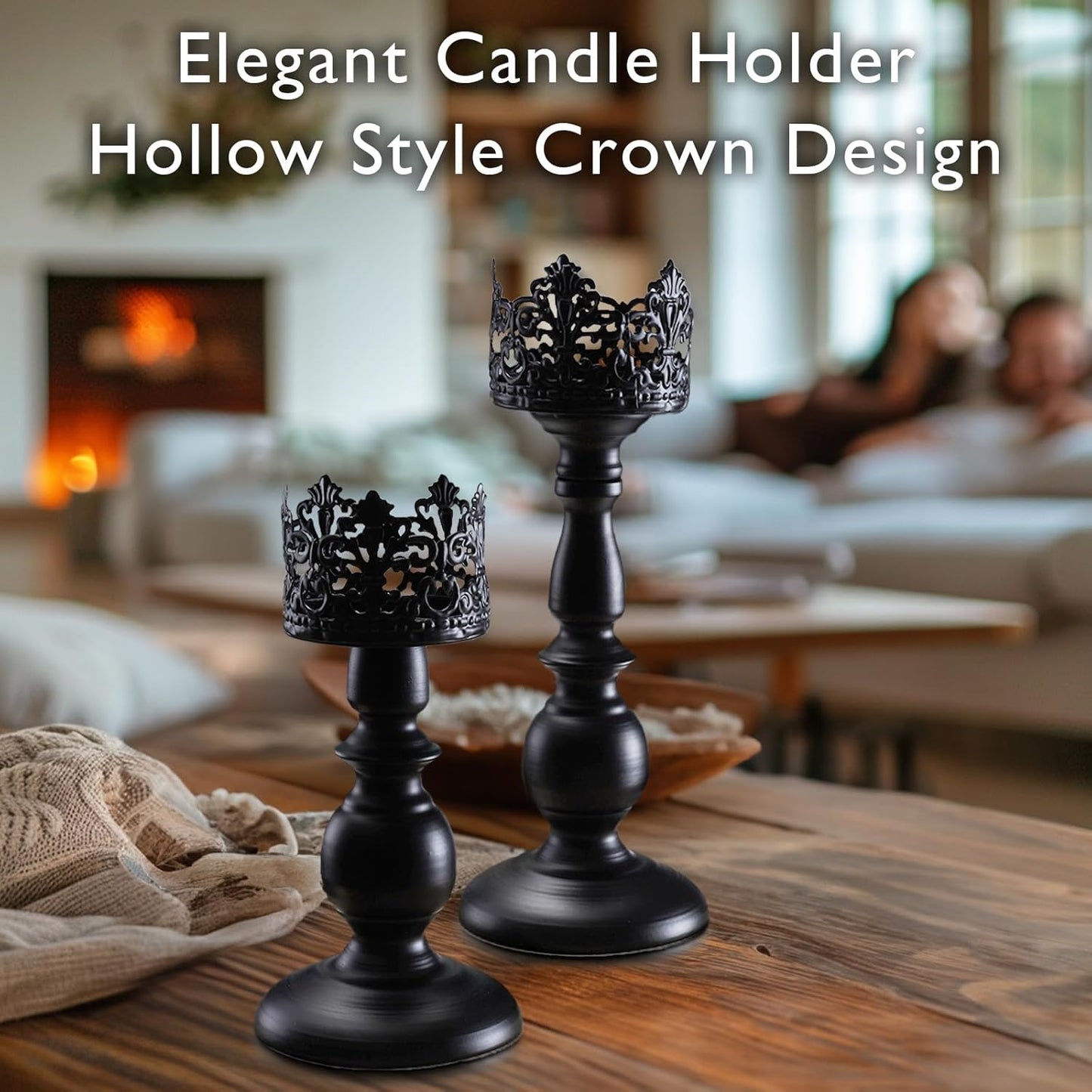 Homemory Black Halloween Candle Holders for Pillar Candles Set of 2, Gothic Vintage Candle Holders for Table Centerpiece, 11" 9" Tall Candle Stand Decorative for Dining Fireplace Living Room (Black)