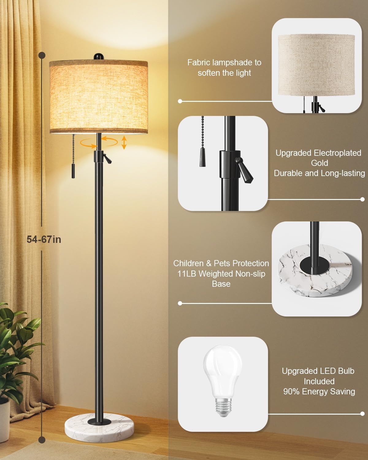 Floor Lamp for Living Room - Adjustable Height Standing Lamp with Marble Base & Linen Shade - Tall Pole Floor Light with 3 Color Temperatures Bulb for Bedroom, Reading - Easy Assembly