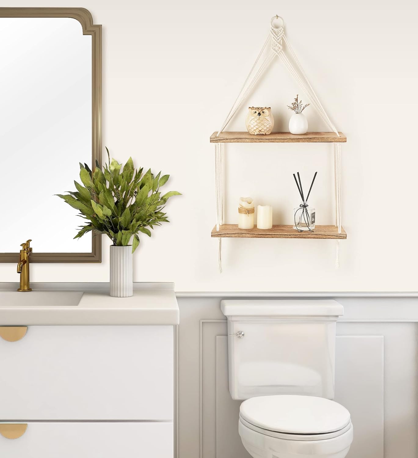 Mkono Macrame Hanging Shelf Boho Wall Decor 2 Tier Handmade Cotton Rope Rustic Wood Floating Shelves Display Photos Plants Hanging Storage Shelving for Living Room Nursery Bathroom Bedroom