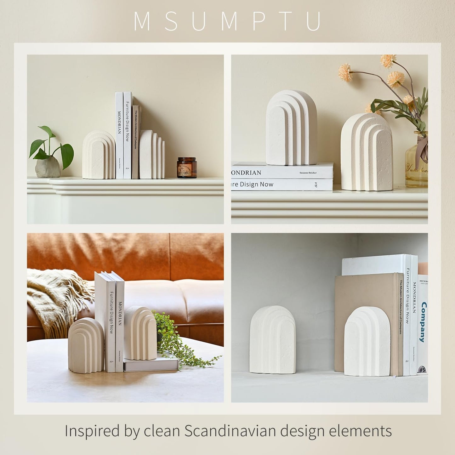 Decorative Bookends for Shelves, Set of 2 Book Ends for Heavy Books, Layered Arch Design Beige Bookend