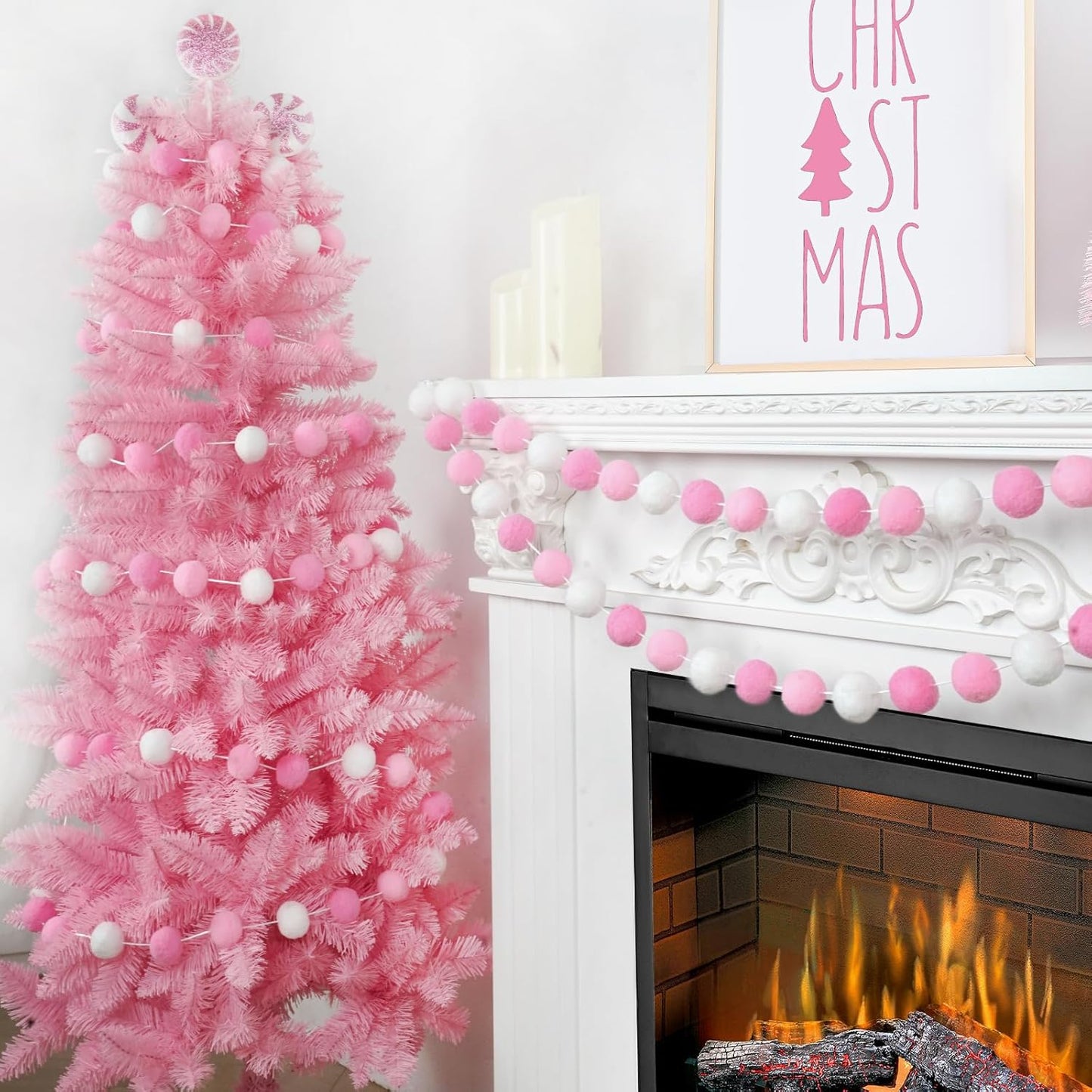 TBD Decor 2pk Pink Pom Pom Garland 13FT 4cm Large Felt Ball Garland Shower Decorationsfor Mantle,Indoor Holiday Wedding Birthday Gender Reveal Party Supplies