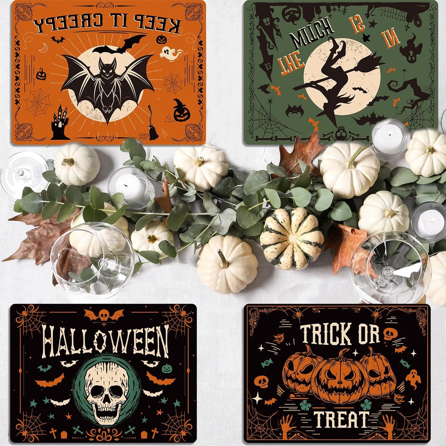 Halloween Placemats Set of 6 Gothic Bat Plastic Table Mats Pumpkin Witch Skull Ghost Halloween Place Mats Washable Vinyl Rustic Table Decoration for Indoor Outdoor Party Kitchen Dining