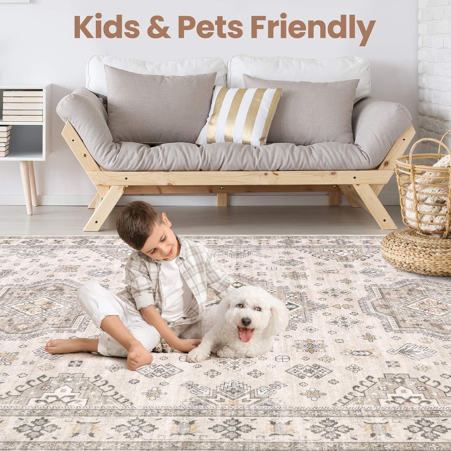 Washable Area Rugs for Living Room -8x10 Neutral Vintage Distressed Floral Farmhouse Boho Large Soft Floor Rug Indoor Non Slip Carpet for Living Room Bedroom Dining Room Office -Beige Brown