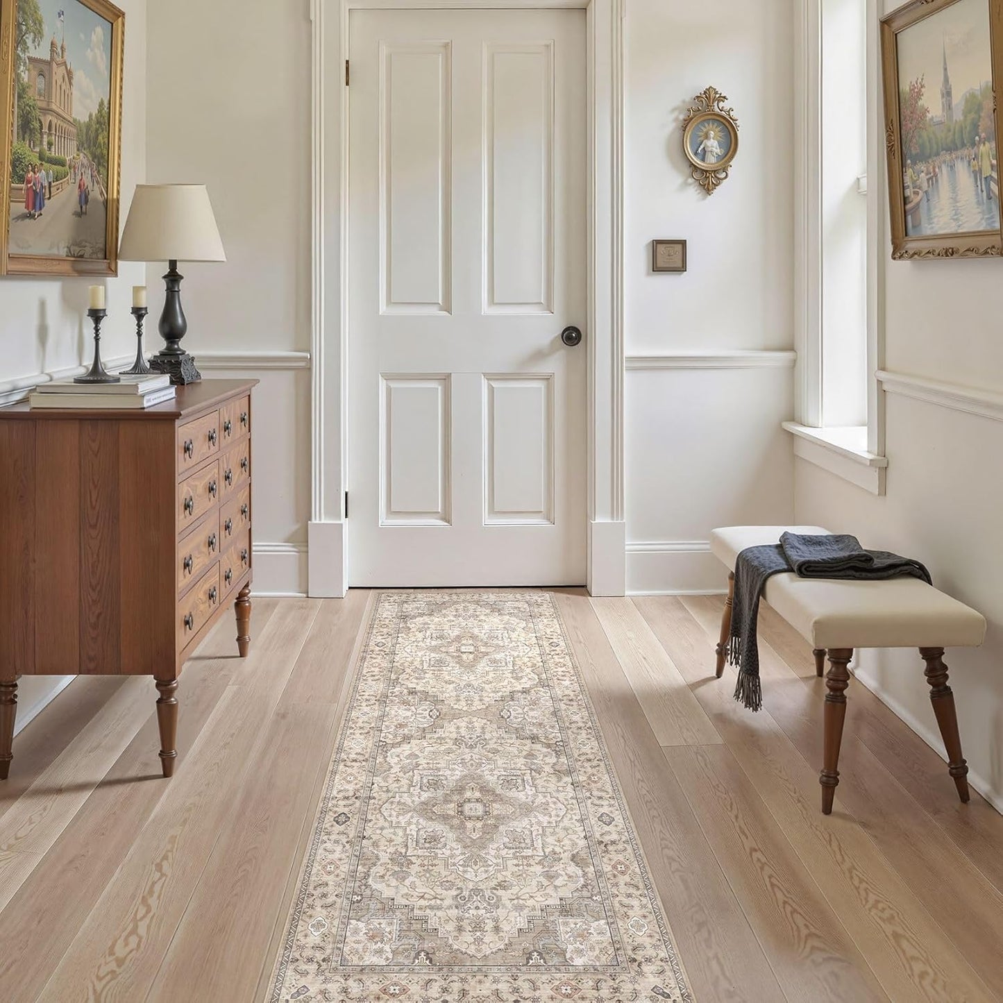 Washable 2x6 Runner Rug - Area Rugs Neutral Vintage Distressed Floral Farmhouse Boho Large Soft Floor Rug Indoor Carpet for Hallway Entryway Bedroom Kitchen - Brown/Multi