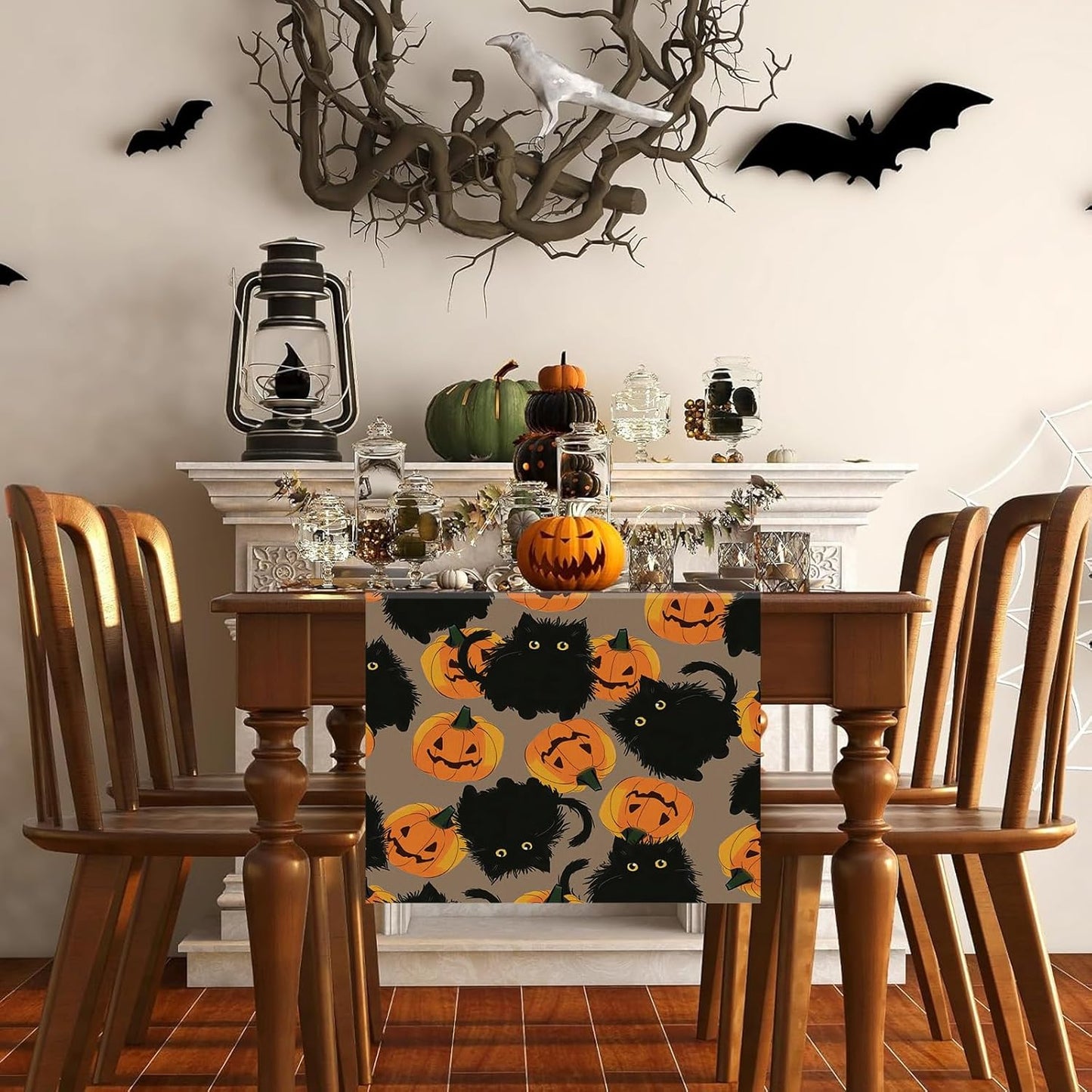 Halloween Table Runner Black Cat Pumpkins Seasonal Kitchen Dining Table Home Outdoor Party Decorations 13x36 Inch
