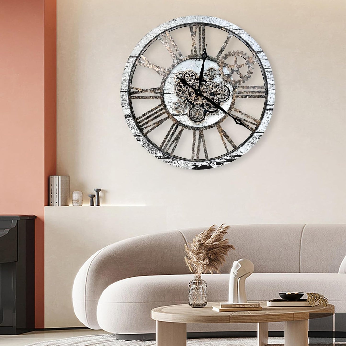 The B-Style 36" Large Moving Gear Wall Clock Oversized Vintage Farmhouse Wall Clocks for Living Room Decor Rustic Industrial Wood Clock (Gray White and Bronze Gears)