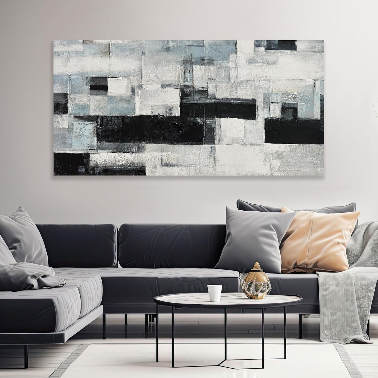 Glvzygy Abstract Wall Art Room Decor Black White and Gray Plaid Minimalism Picture Abstract Art Wall Decor Modern Abstract Wall Art Canvas for Living Room Bedroom Office 20"x40"