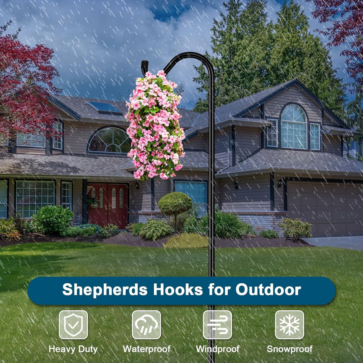 Gtongoko Tall Shepherds Hook for Outdoor, 108 Inch Bird Feeder Pole with 7 Prongs Base, 3/4 Inch Thick Heavy Duty Adjustable Garden Hook for Hanging Plant, Lantern, Hummingbird Feeder, 1 Pack