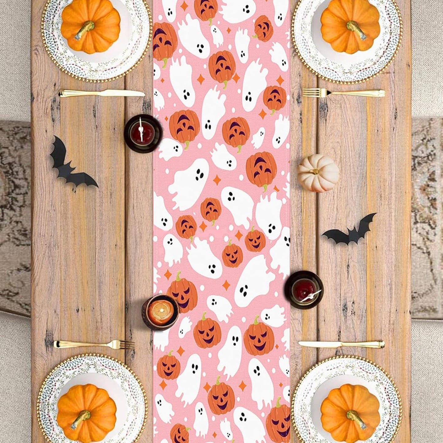Halloween Table Runner Cute Spooky Ghost Pumpkin Table Linen Runner Pink Kitchen Dining Decoration Holiday Halloween Table Decoration for Holiday Indoor Outdoor Home Party Decor 13x72 Inch