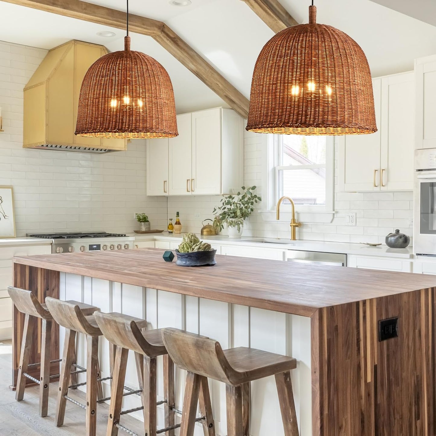 3-Light Dark Curry Rattan Pendant Light,17.7" Rustic Hanging Light,Brown Wicker Pendant Light Hand-Woven Rattan Chandelier for Workplace Restaurants Dining Living Kitchen Farmhouse