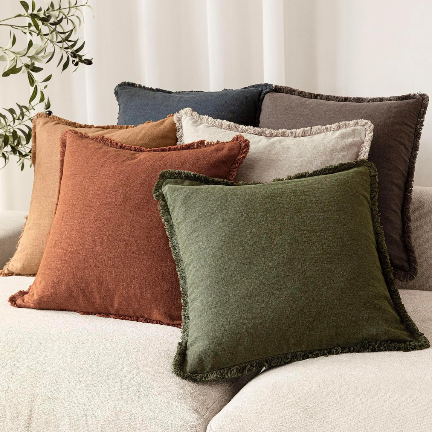 Foindtower Set of 2 Decorative Linen Fringe Throw Pillow Covers Farmhouse Cushion Cover with Tassels Soft Accent Pillowcase for Couch Chair Sofa Bed Living Room Home Decor,16×16 Inch,Fall Rust Orange