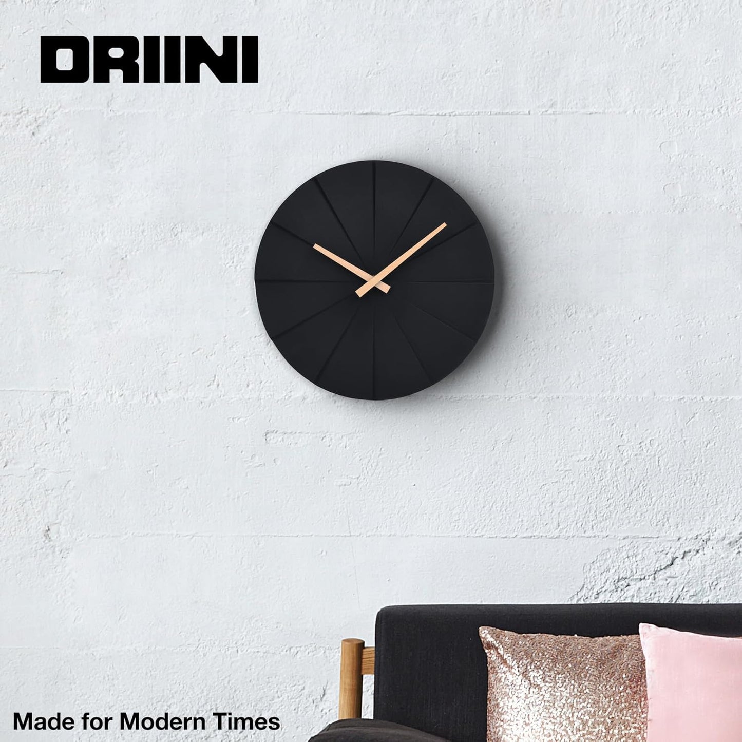 Driini Staircase Modern Wall Clock - Unique 10.5 in. Frameless Concrete Design - Contemporary, Minimalist Decor; No Numbers - Silent Battery Operated Clocks with Decorative Wooden Hands; Black