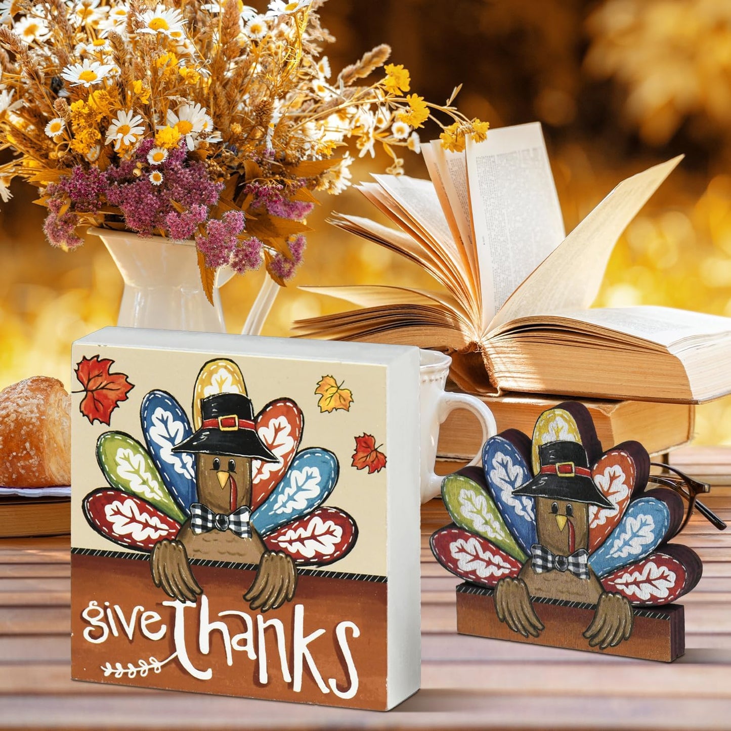 Smile Thanksgiving Wooden Decor Indoor, Turkey Decor Give Thanks Box Sign, Thanksgiving Table Tiered Tray Kitchen Decorations