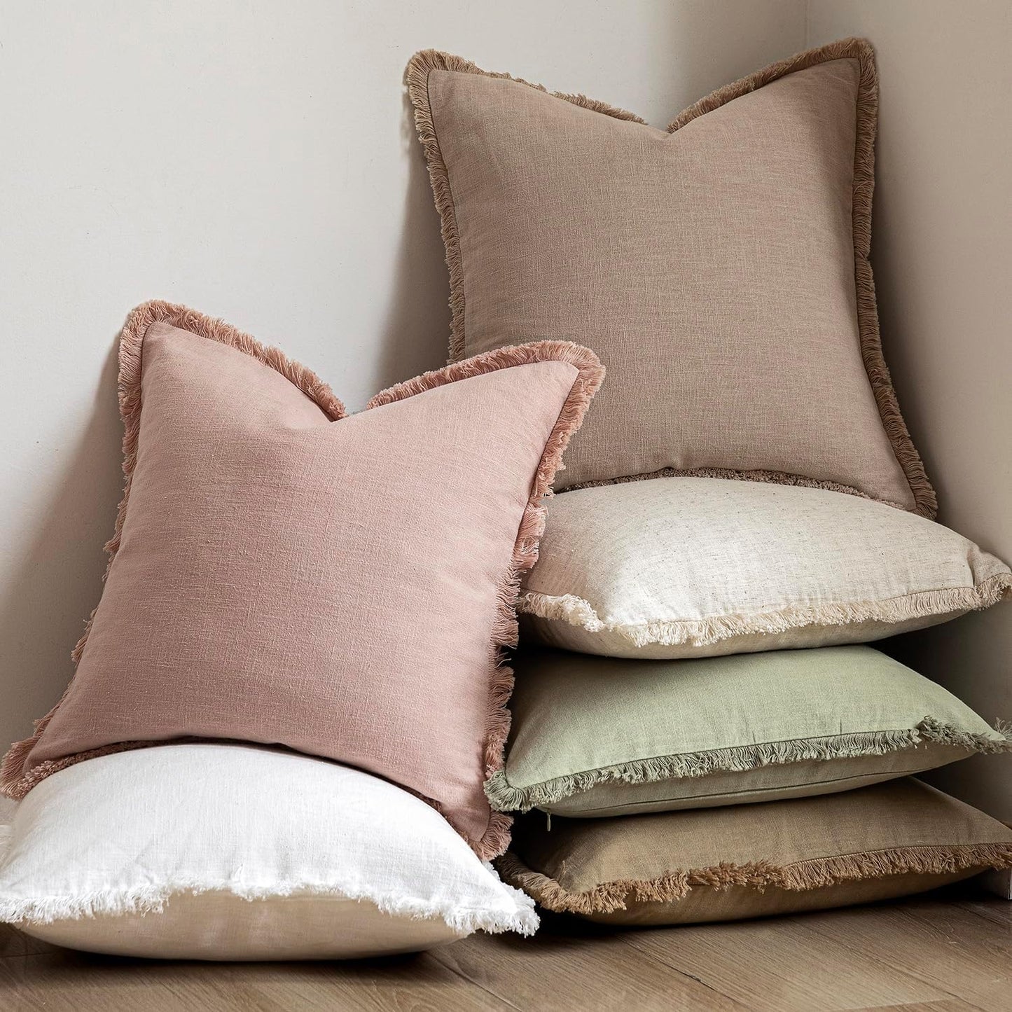 Foindtower Set of 2 Decorative Linen Fringe Lumbar Throw Pillow Covers Farmhouse Cushion Cover with Tassels Soft Accent Pillowcase for Couch Sofa Bed Living Room Home Decor,12×20 Inch,Light Sage Green