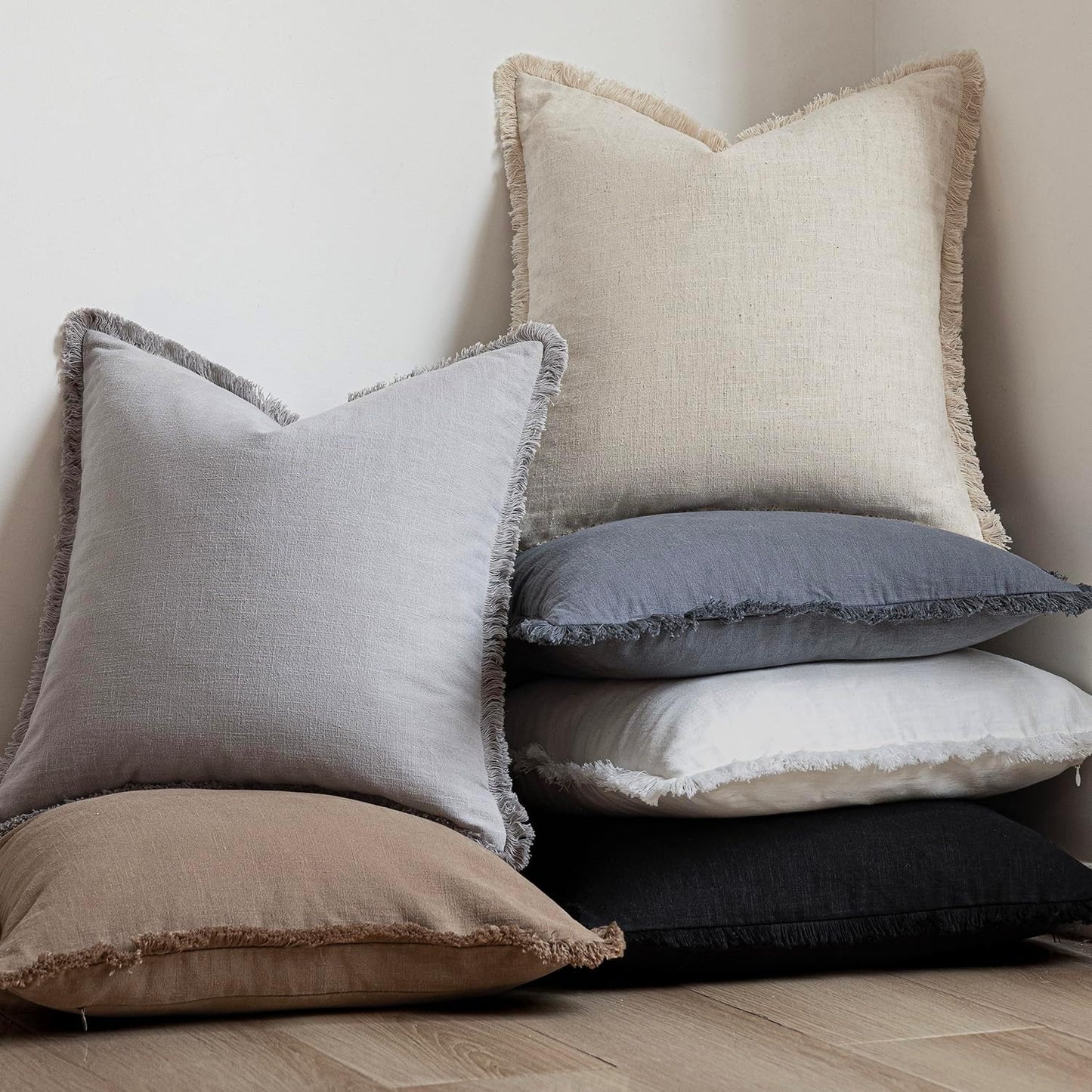 Foindtower Set of 2 Decorative Linen Fringe Throw Pillow Covers Cozy Farmhouse Cushion Cover with Tassels Accent Pillowcase for Couch Chair Sofa Bed Living Room Home Decor,16×16 Inch,Light Rustic Gray