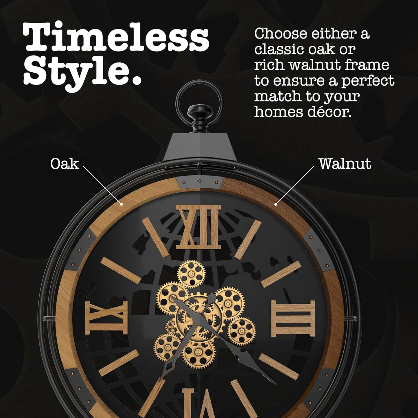 Driini 30 Inch Large Rustic Farmhouse Gear Clock with Moving Gears – Vintage Oversized Wall Clock with Iron Frame – Giant Industrial Steampunk Wall Clock for Living Room Décor (Oak)