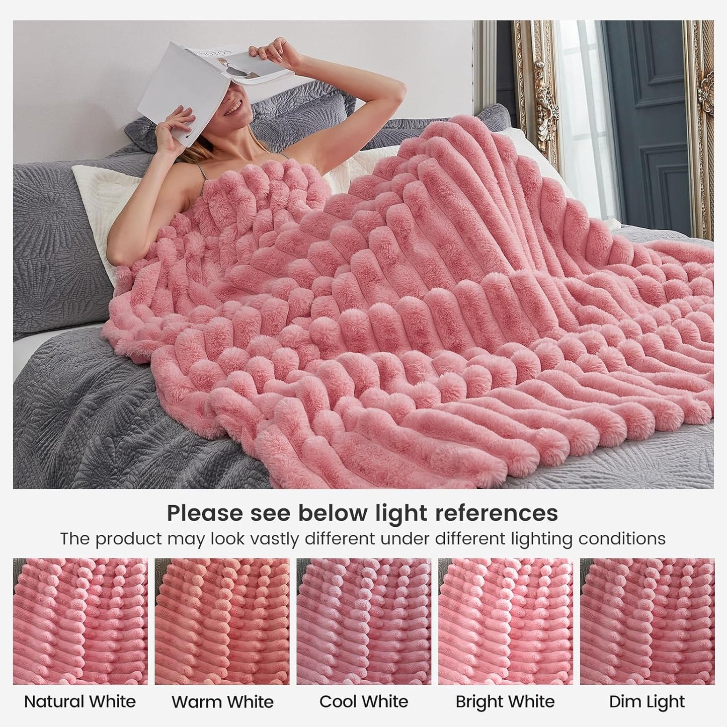 Cozy Bliss Faux Fur Throw Blanket for Couch, Cozy Warm Plush Striped Blanket for Sofa Bedroom Living Room,60 * 80 Inches Hot Pink